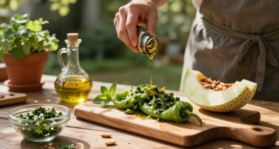 Friggitelli Saltati Al Salmoriglio Di Menta, Melone E Mandorle Tostate